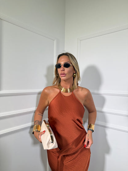 Abito midi in satin scollato sul retro con fusciacca coccio 14061
