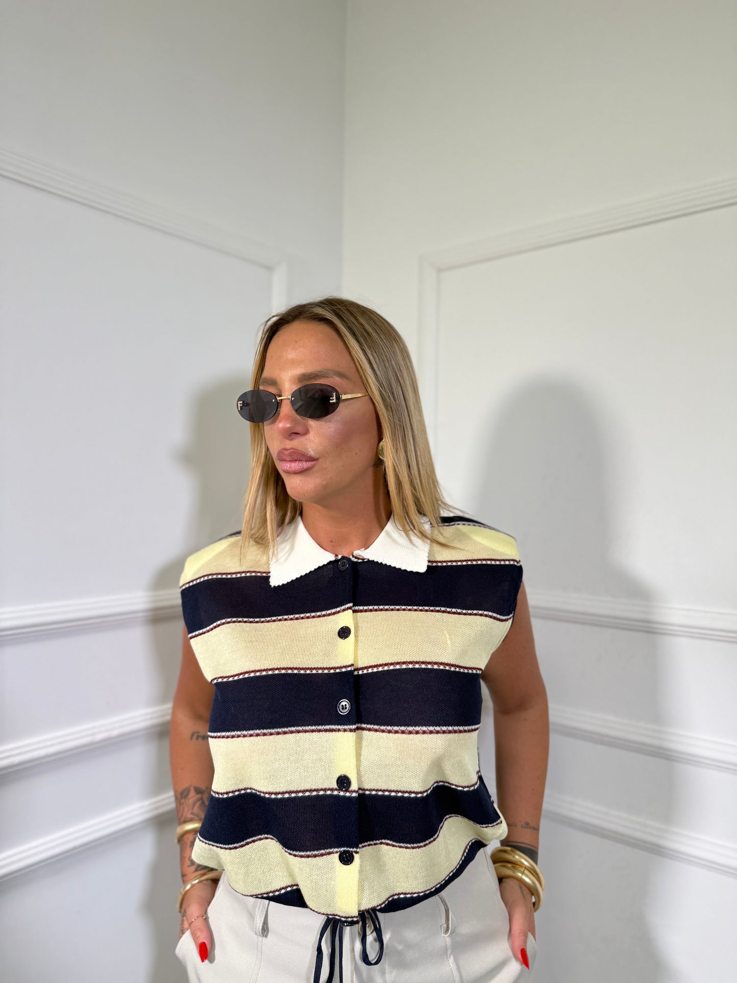 Polo giromanica in filo con spalline Vanilla blu/giallo 7626