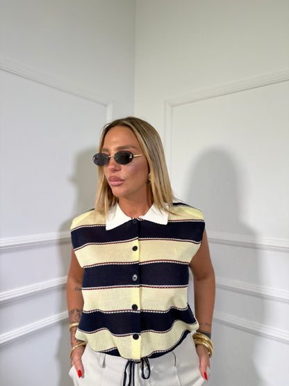 Polo giromanica in filo con spalline Vanilla blu/giallo 7626