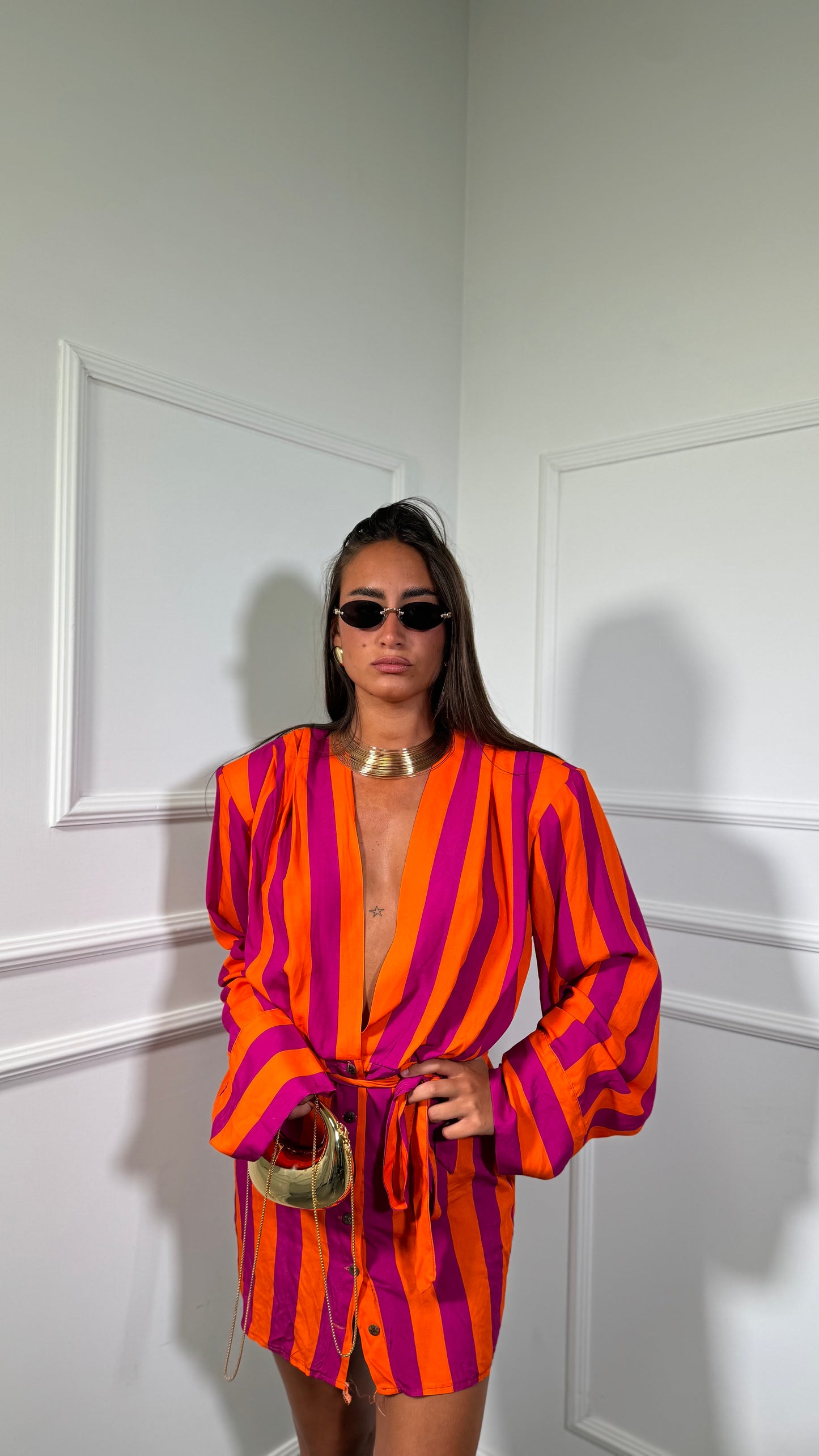 Abito corto a righe con spalline Allyson fucsia/arancio 706888