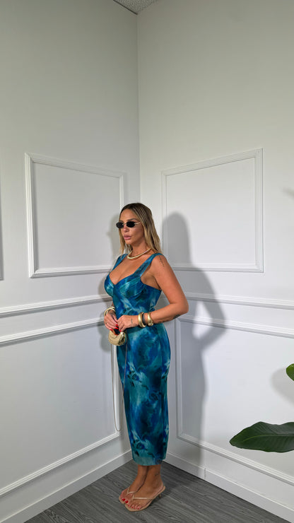 Abito midi a tubino in chiffon tie-dye Saranda petrolio 40552