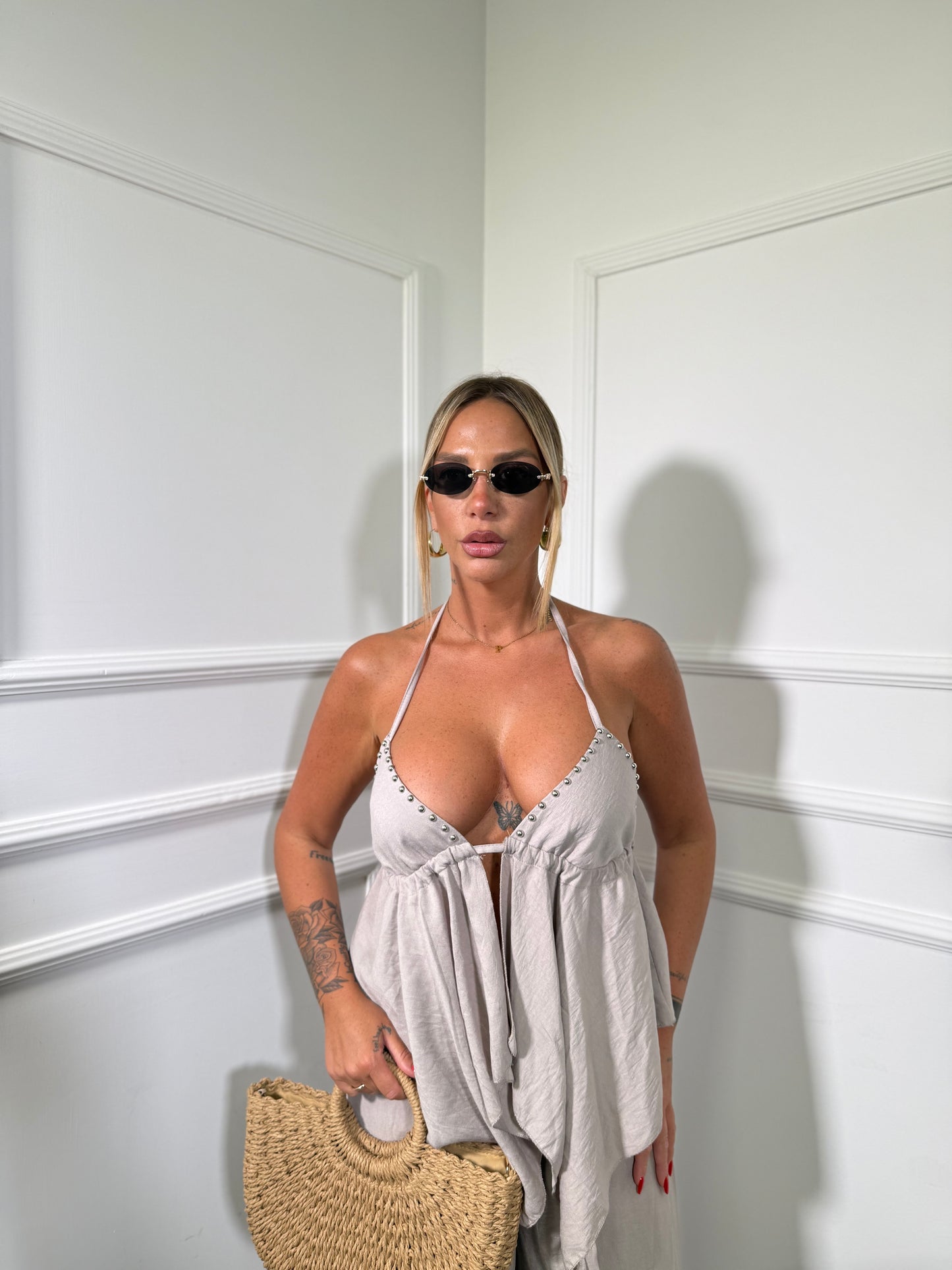 Coordinato viscosa con borchie California beige es202