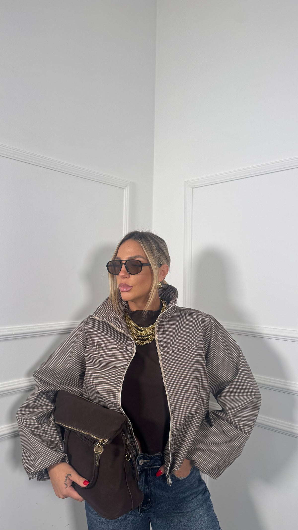 Bomber collo alto a quadretti Hilton marrone 51076