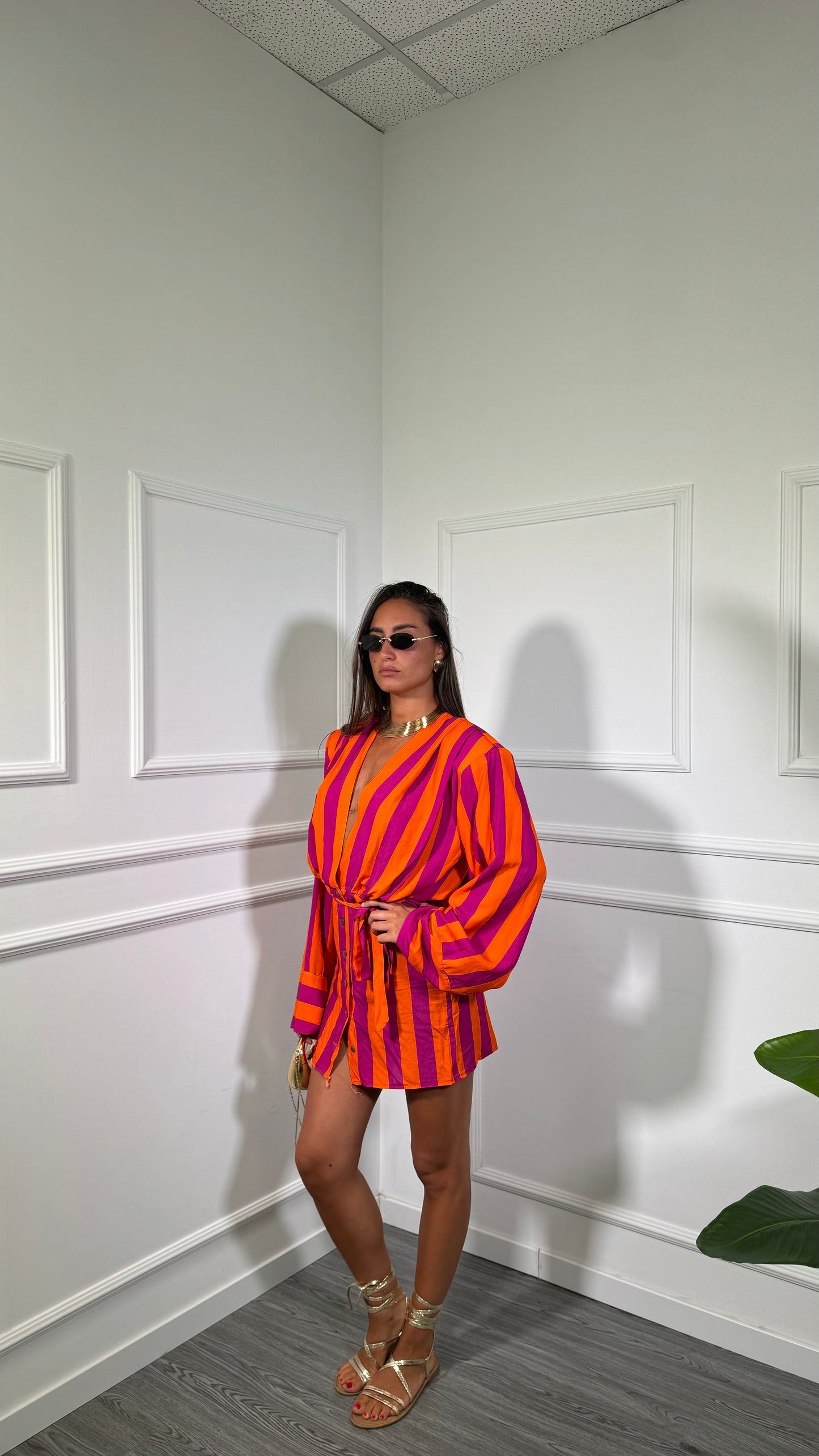 Abito corto a righe con spalline Allyson fucsia/arancio 706888