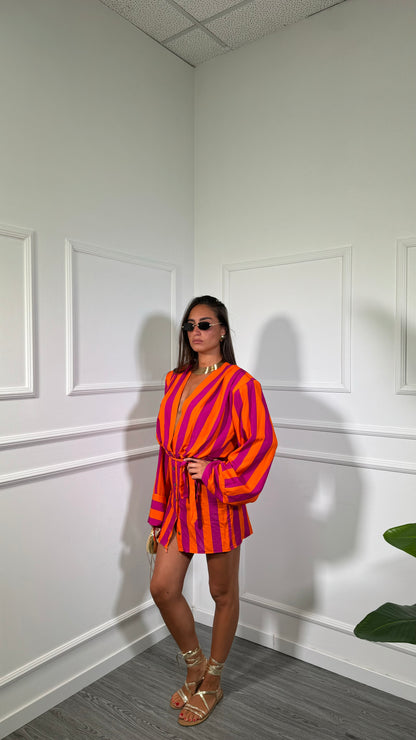 Abito corto a righe con spalline Allyson fucsia/arancio 706888
