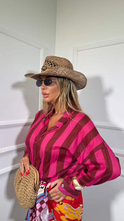 Camicia semi velata a righe larghe collo coreana bordeaux/fucsia 6568