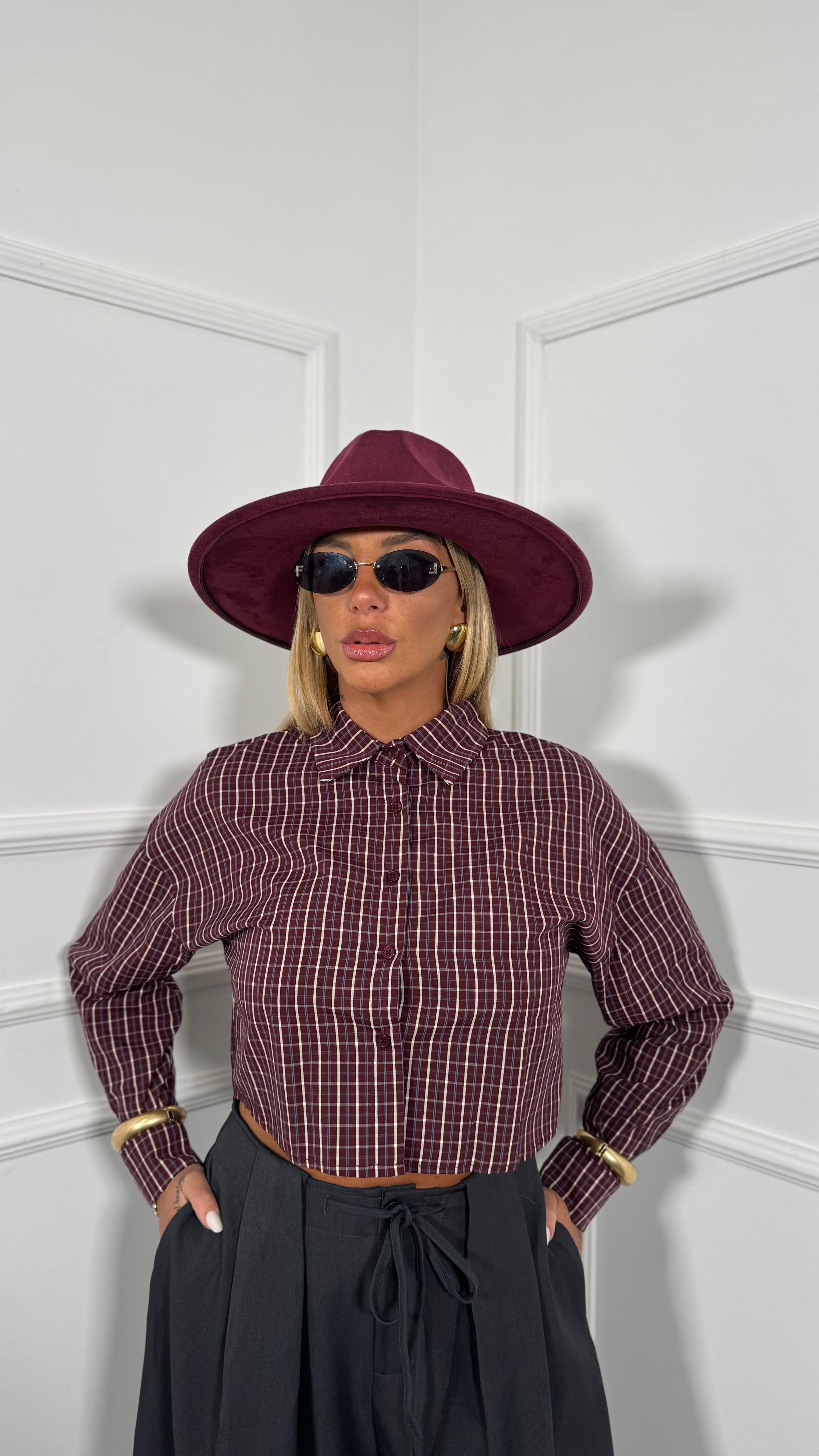 Camicia crop a quadretti British bordeaux dk58065