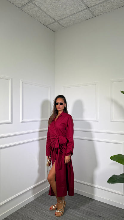 Abito midi portafoglio lino  (curvy) con spalline Brusco rosso rubino