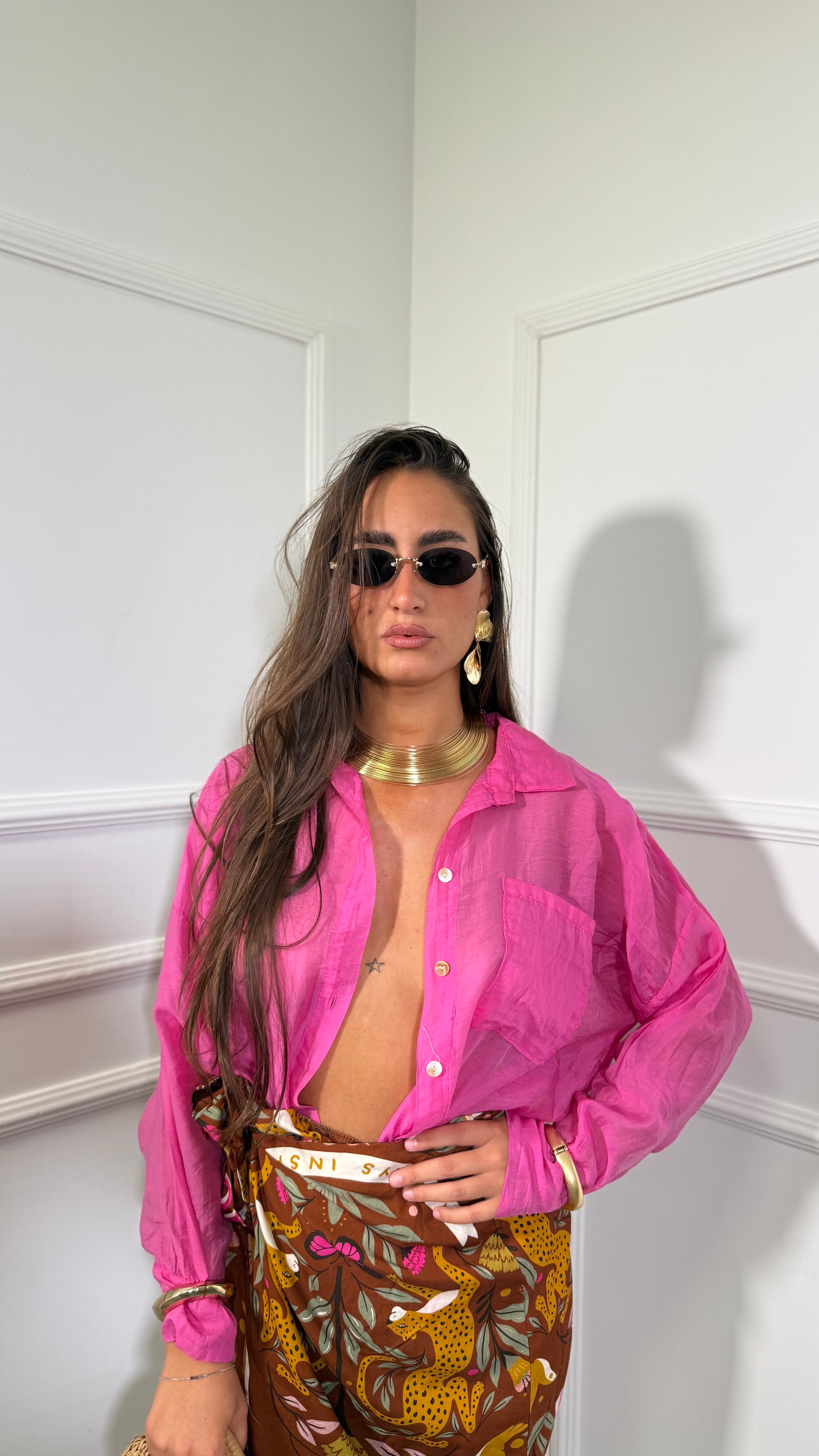 Camicia misto lino velata fucsia 25135