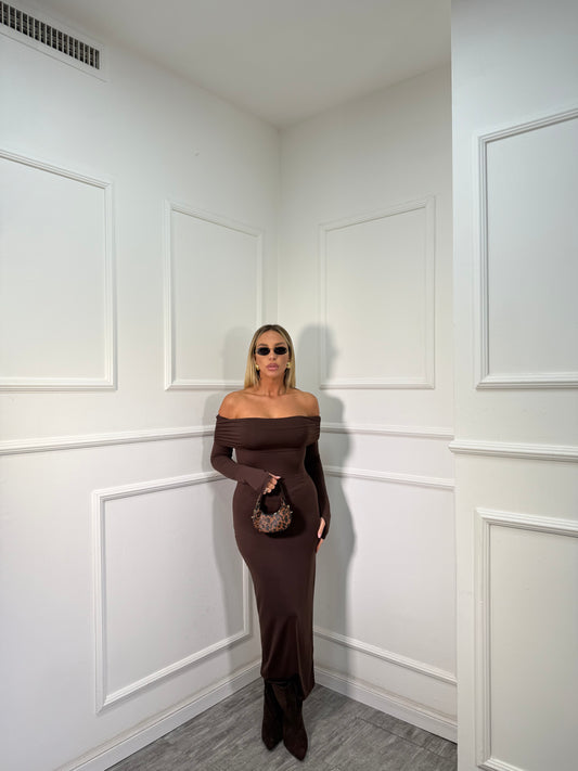 Abito midi in lycra scollo a barca Nilufar cioccolato 13351