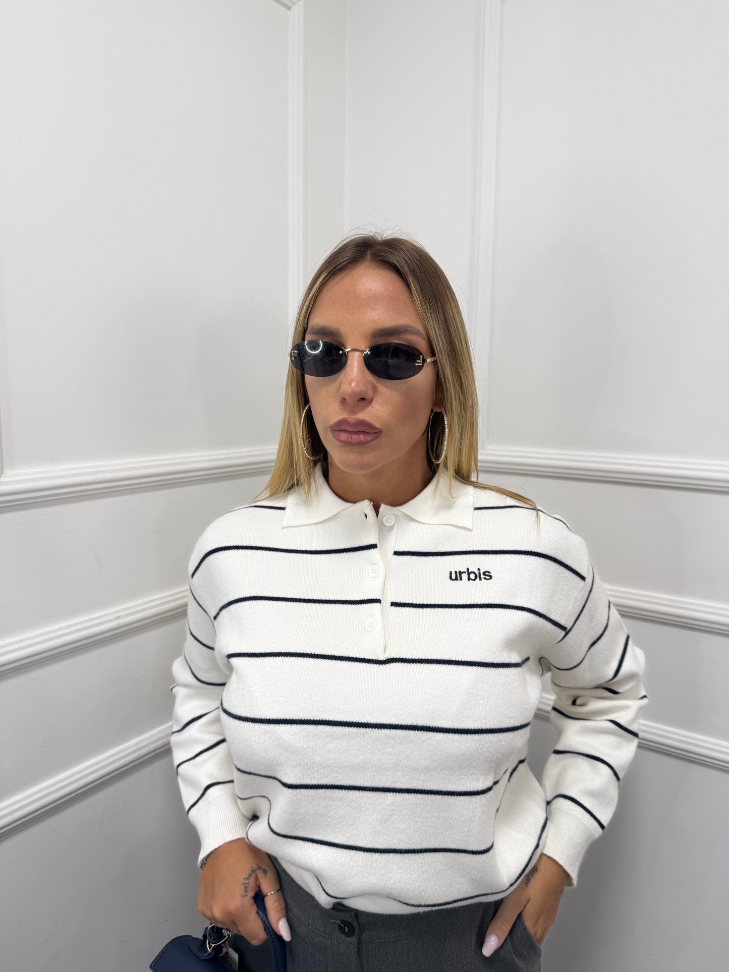 Polo a righe lana pettinata Urbis bianca/blu 93012