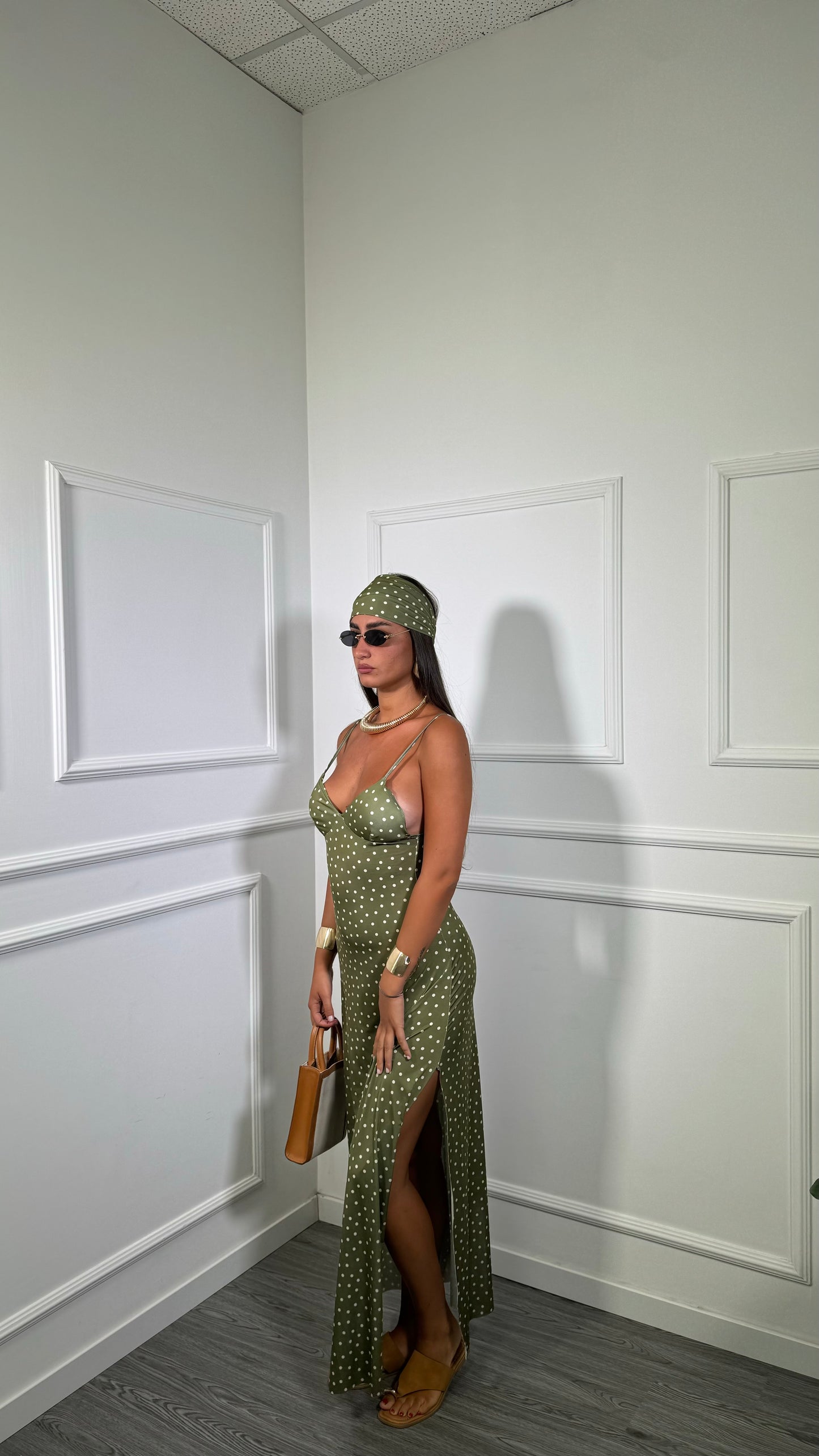 Abito midi in lycra a pois con fusciacca Kalispera verde avocado 6008