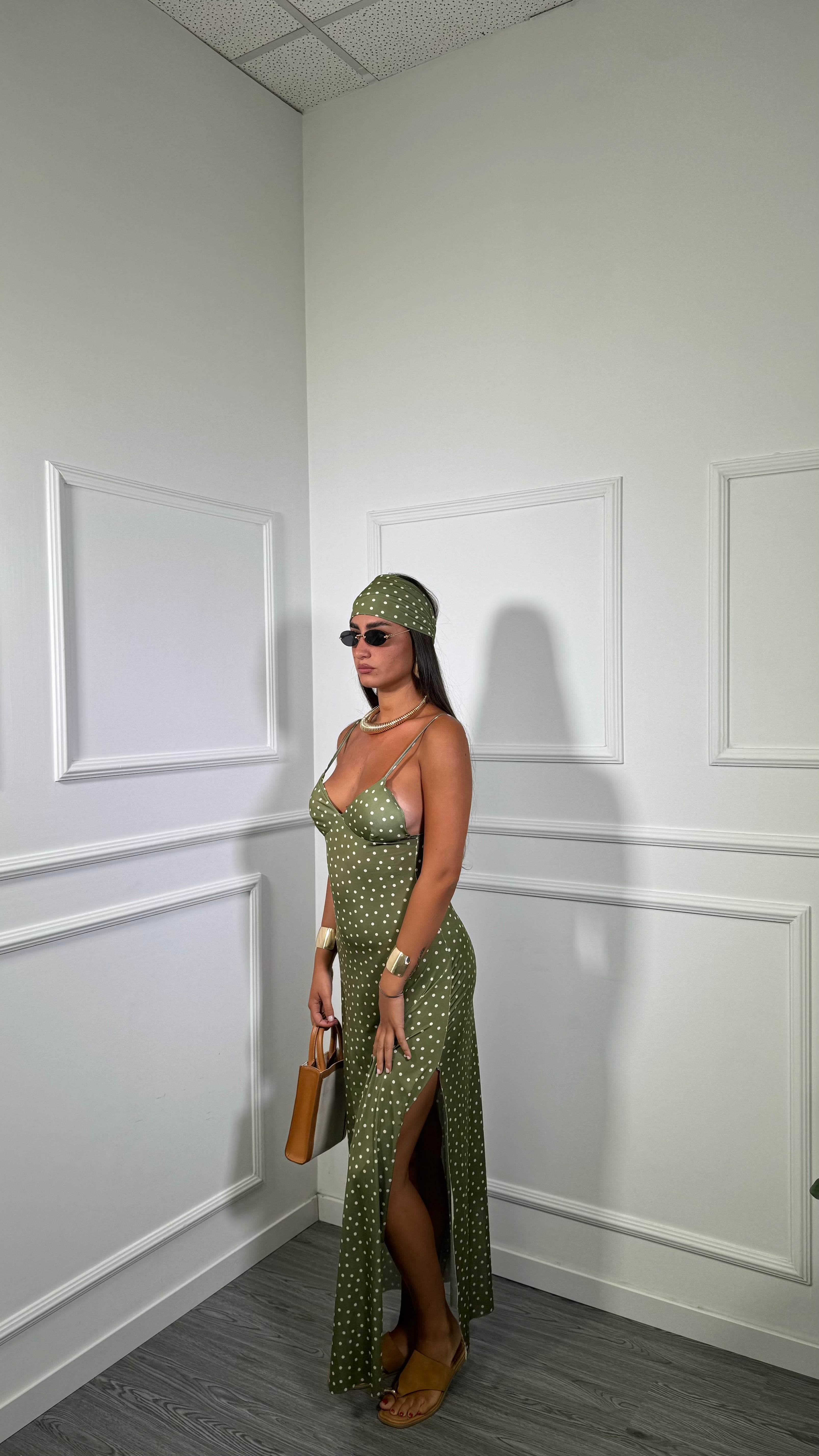 Abito midi in lycra a pois con fusciacca Kalispera verde avocado 6008
