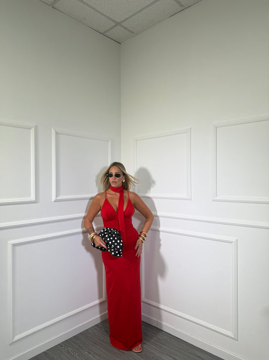 Abito lungo in lycra con fusciacca rosso 47971