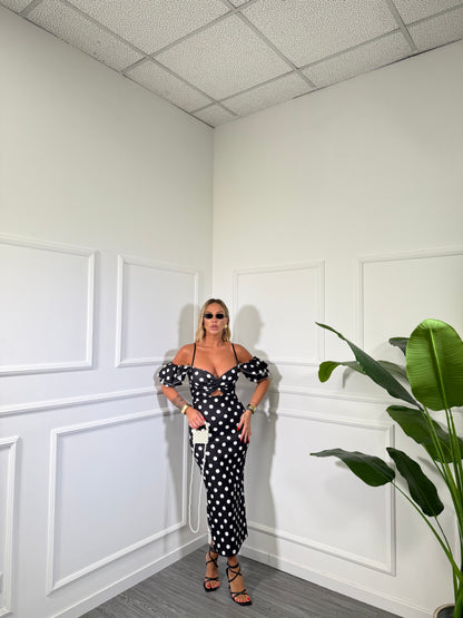 Abito midi cut out a pois Brenda nero 27873