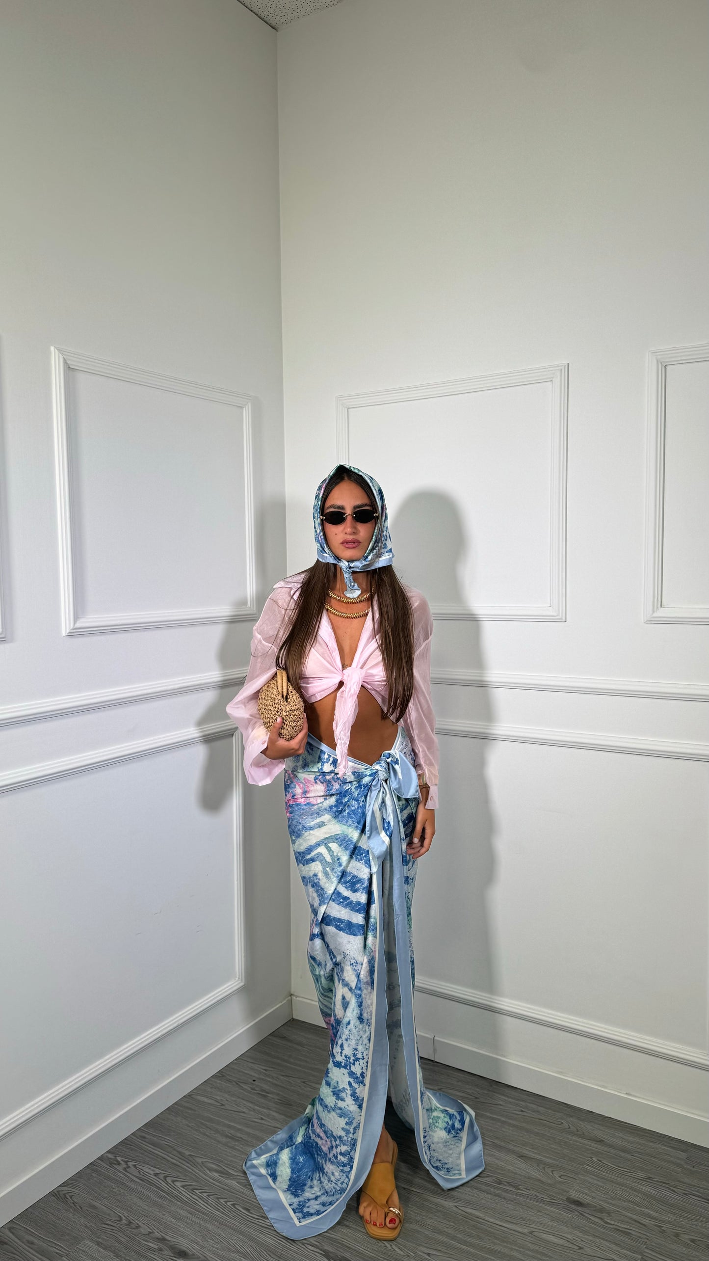 Pareo + bandana in satin Portofino azzurro