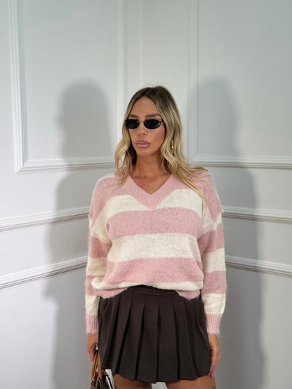 Maglioncino scollo a V in lana cotta Soft rosa/panna 3055