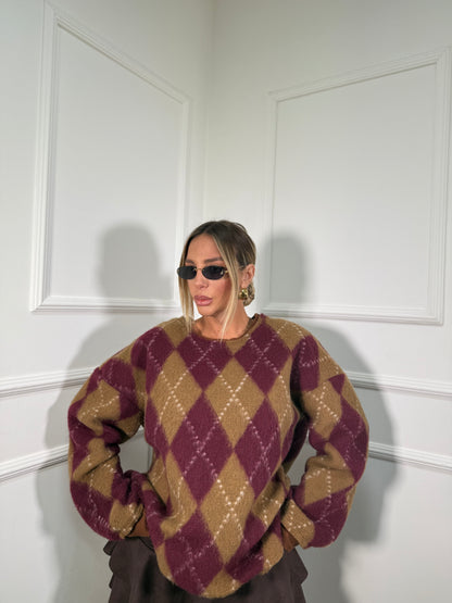 Maxipullover con spalline lana cotta con spalline Nora camel/bordeaux m303971