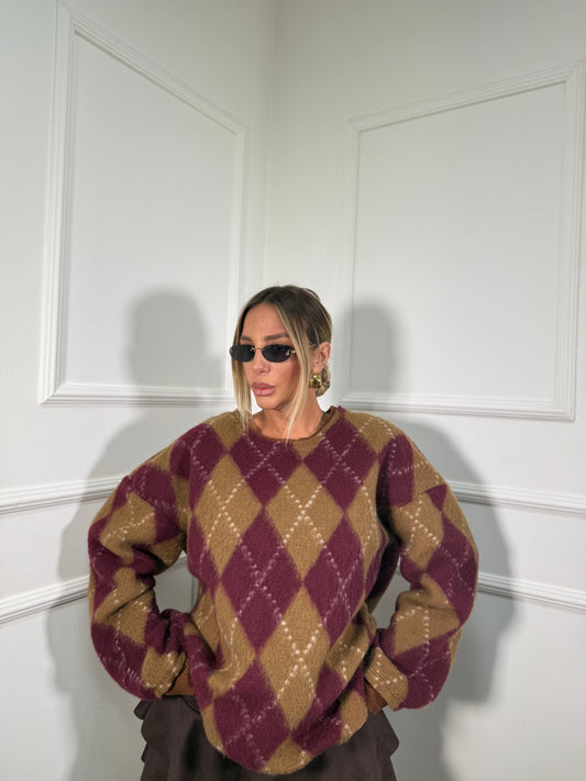 Maxipullover con spalline lana cotta con spalline Nora camel/bordeaux m303971