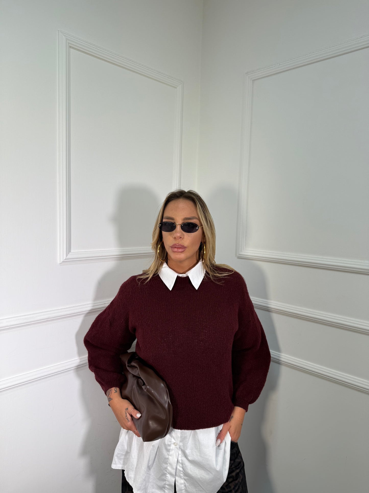 Pullover lana cotta Marshmallow bordeaux a2412