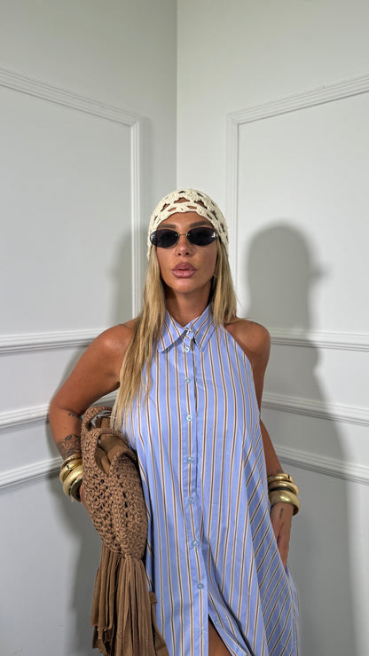 Maxi camicione a righe scollo sul retro Claryss azzurro 4601