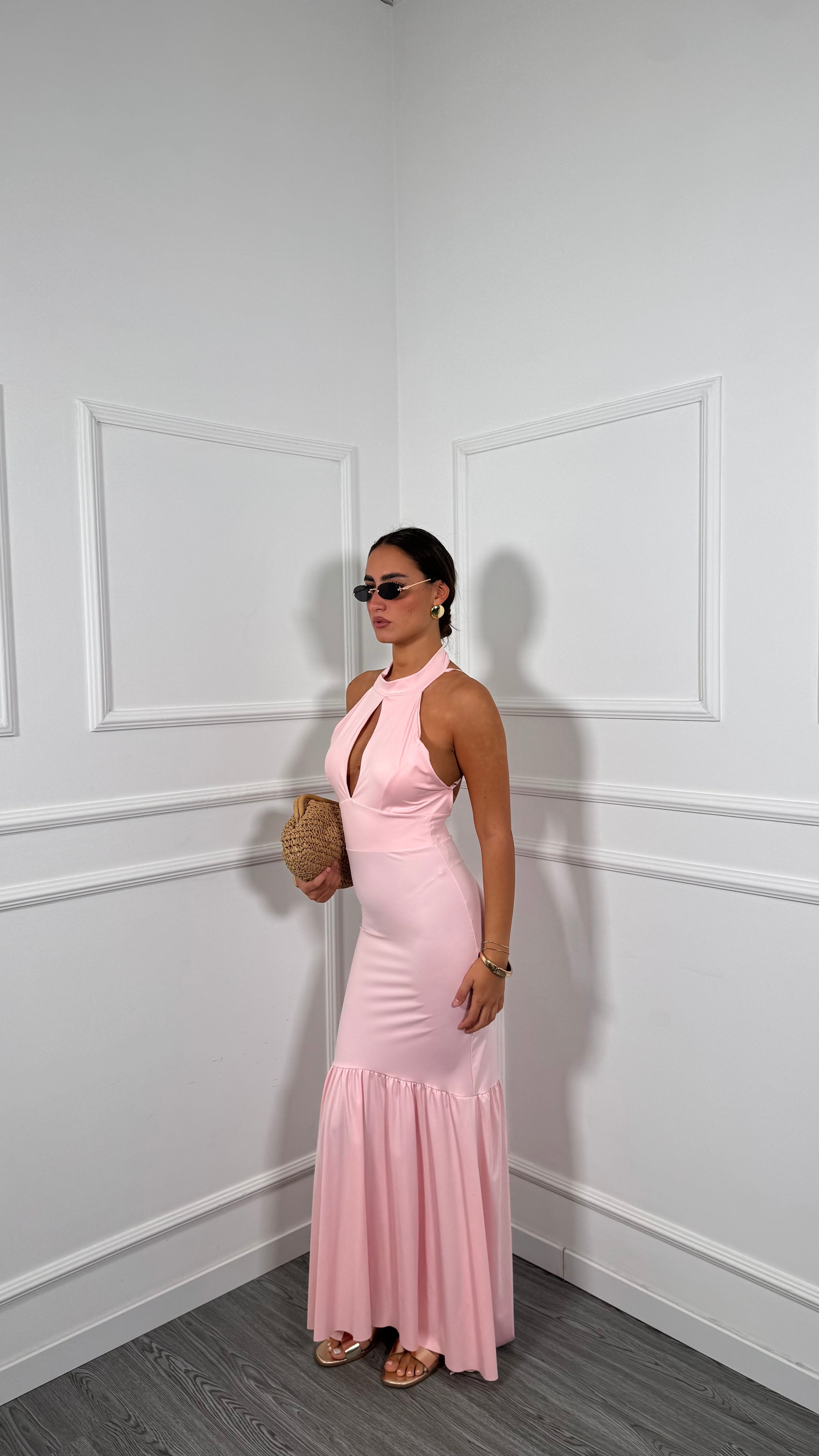 Abito lungo in lycra scollo sul retro Encantada rosa 22817