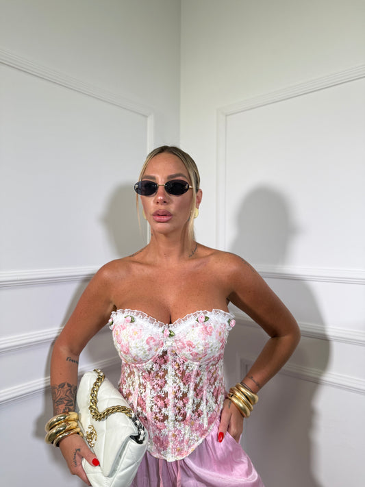 Bustier semi velato in pizzo con micro rose bianco/rosa