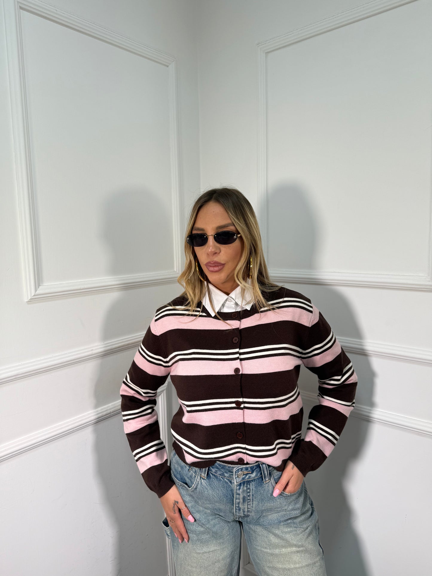 Cardigan lana rasata Laduree rosa/cacao yhc7203