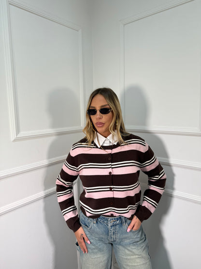 Cardigan lana rasata Laduree rosa/cacao yhc7203