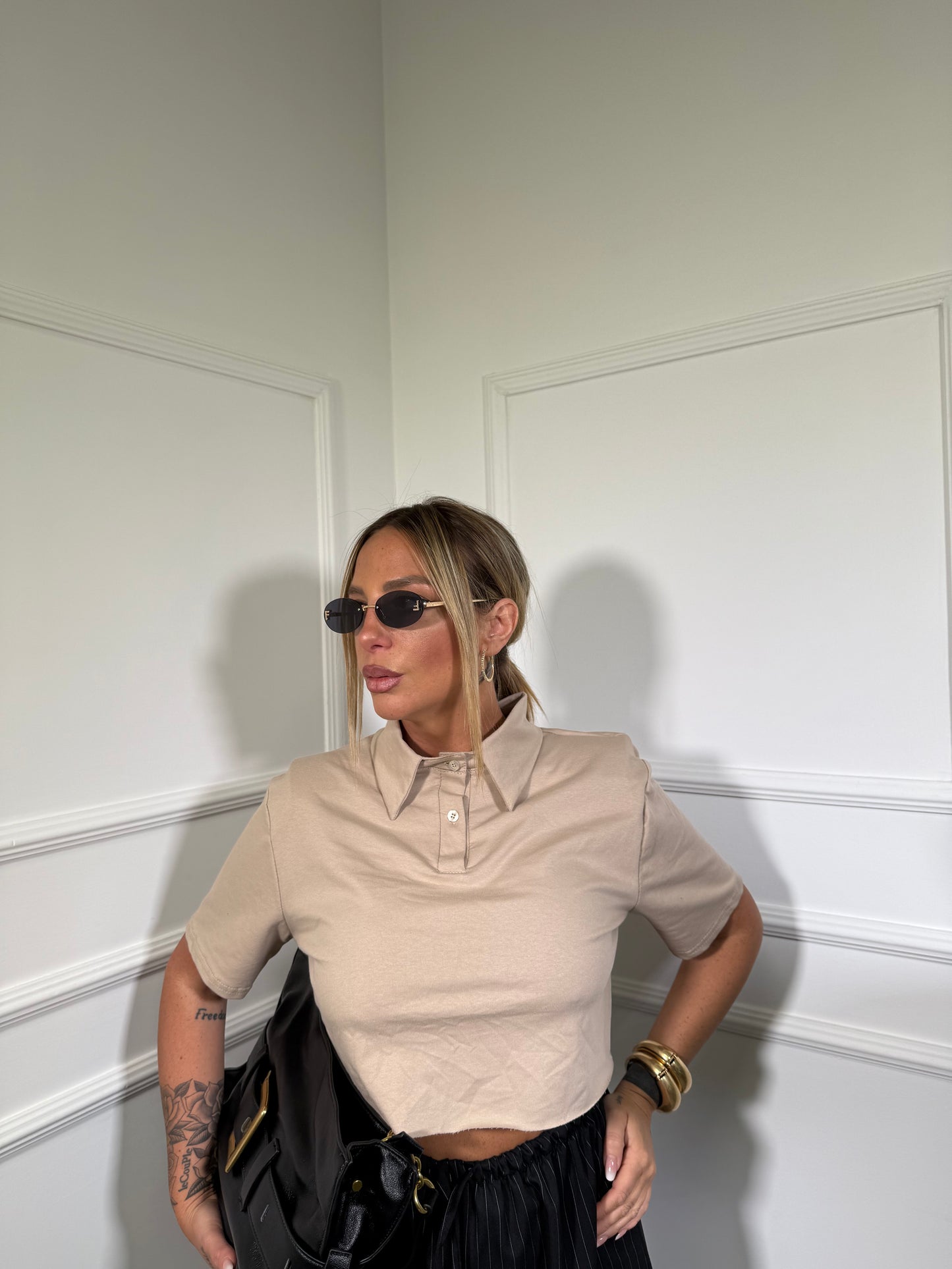 Polo crop in cotone garzato con spalline (vari colori)