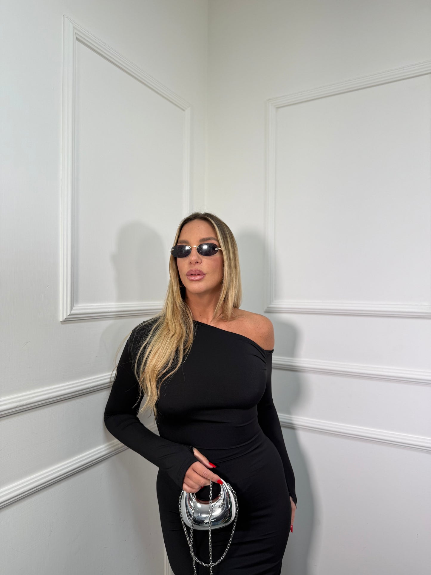 Abito midi asimmetrico in lycra Kim nero