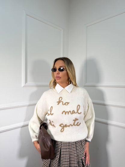 Pullover lana cotta Ho il mal di gente panna a2903