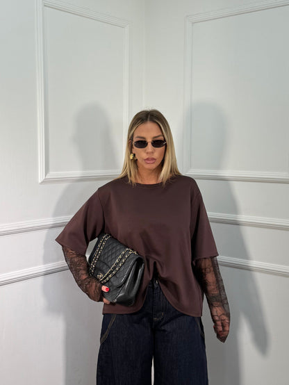 Maxi shirt con maniche in pizzo marrone 110146