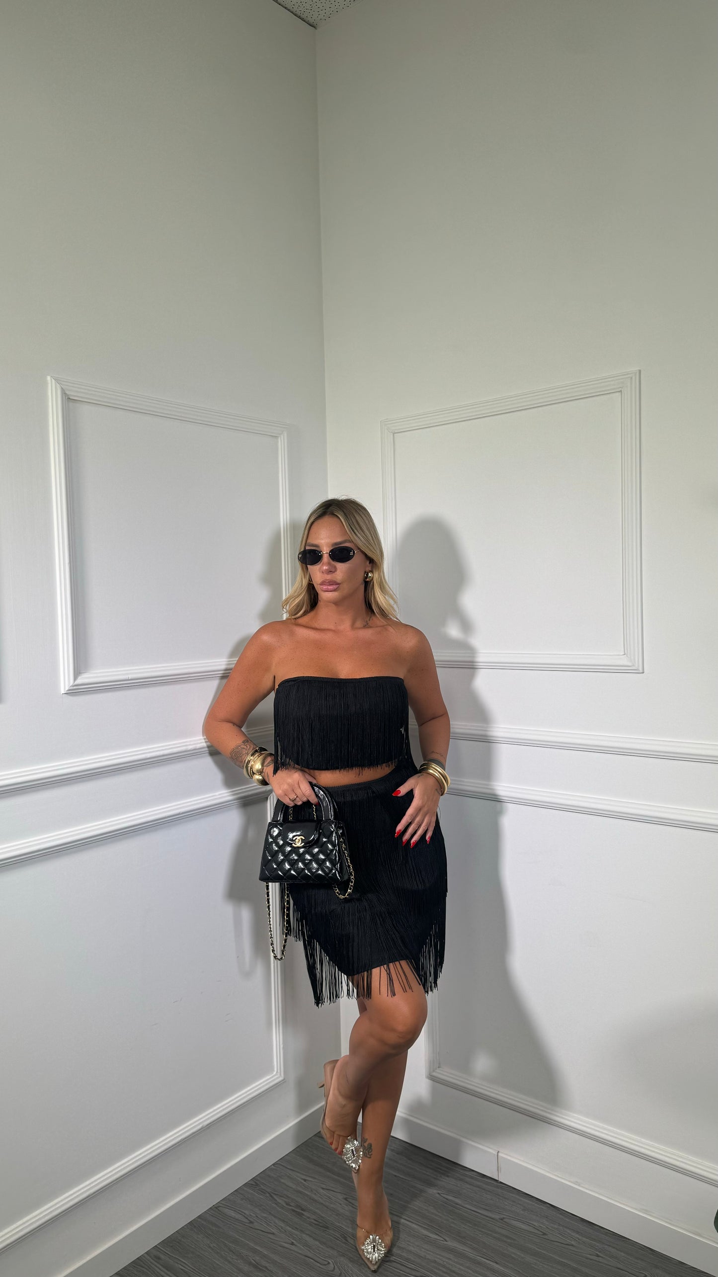 Coordinato in lycra con frange (curvy) Charleston nero 20349
