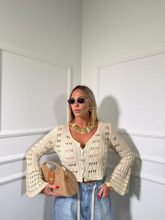 Cardigan traforato in filo Ibiza sabbia 3708