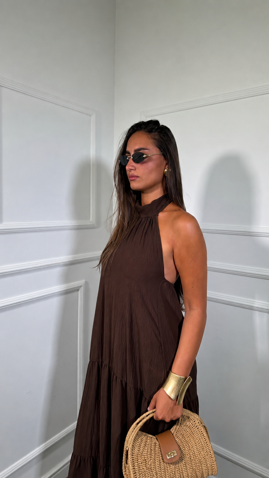 Abito midi con balze Desy marrone