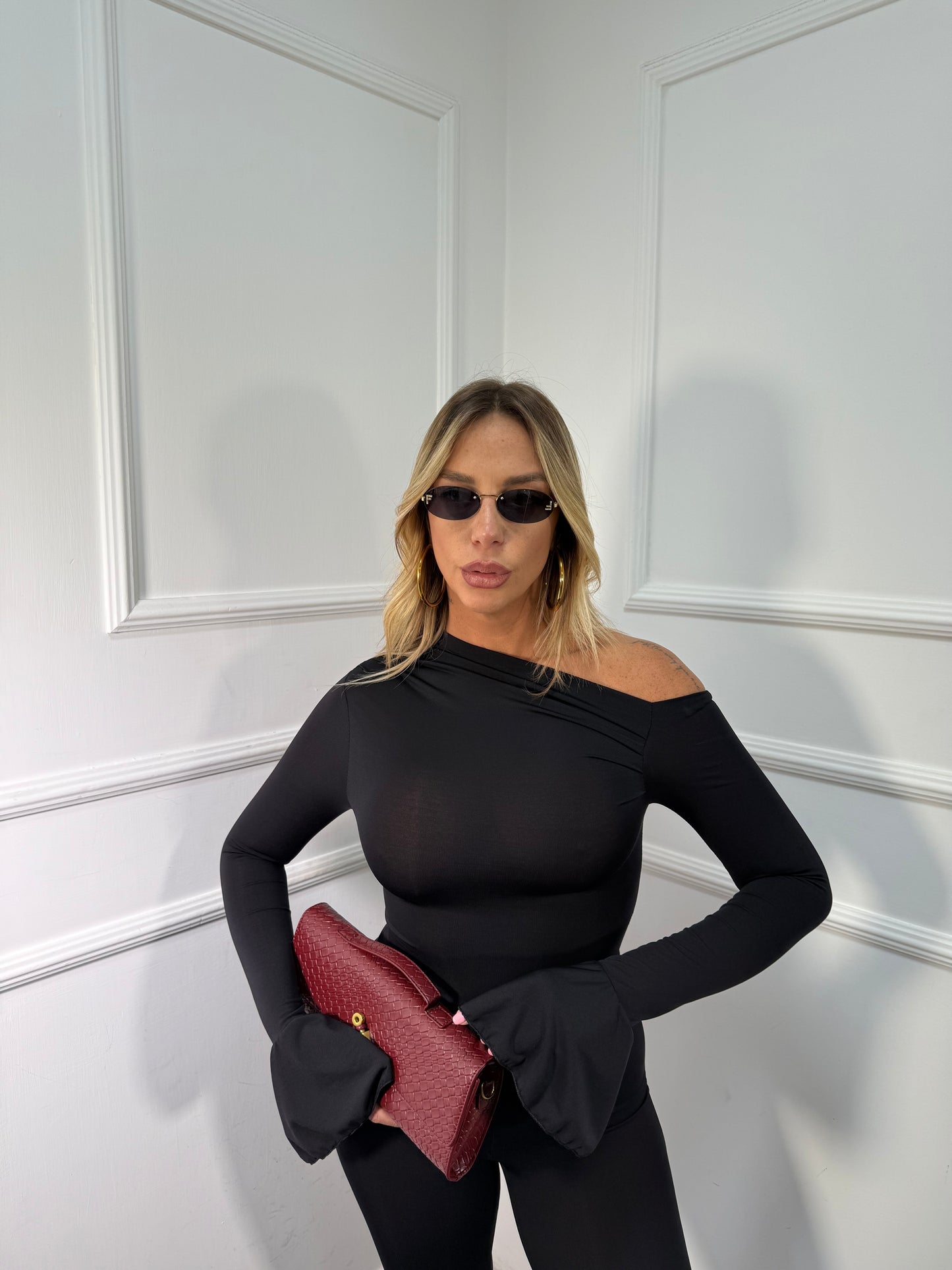 Jumpsuit in lycra scollo asimmetrico nera 14375