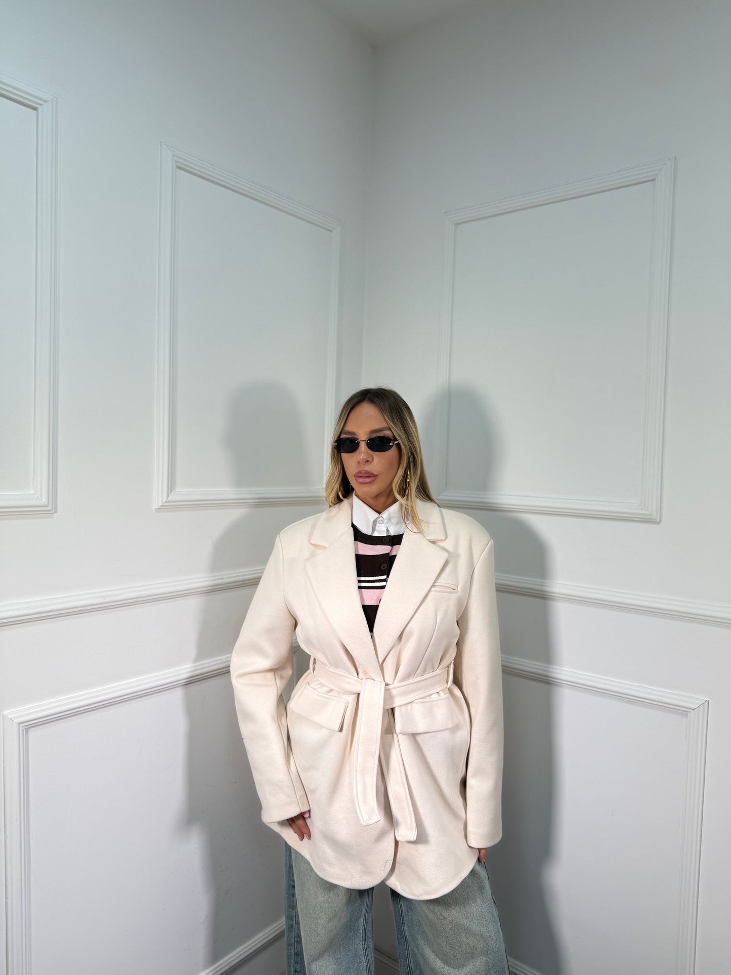 Blazer coat in panno con fusciacca panna 88815