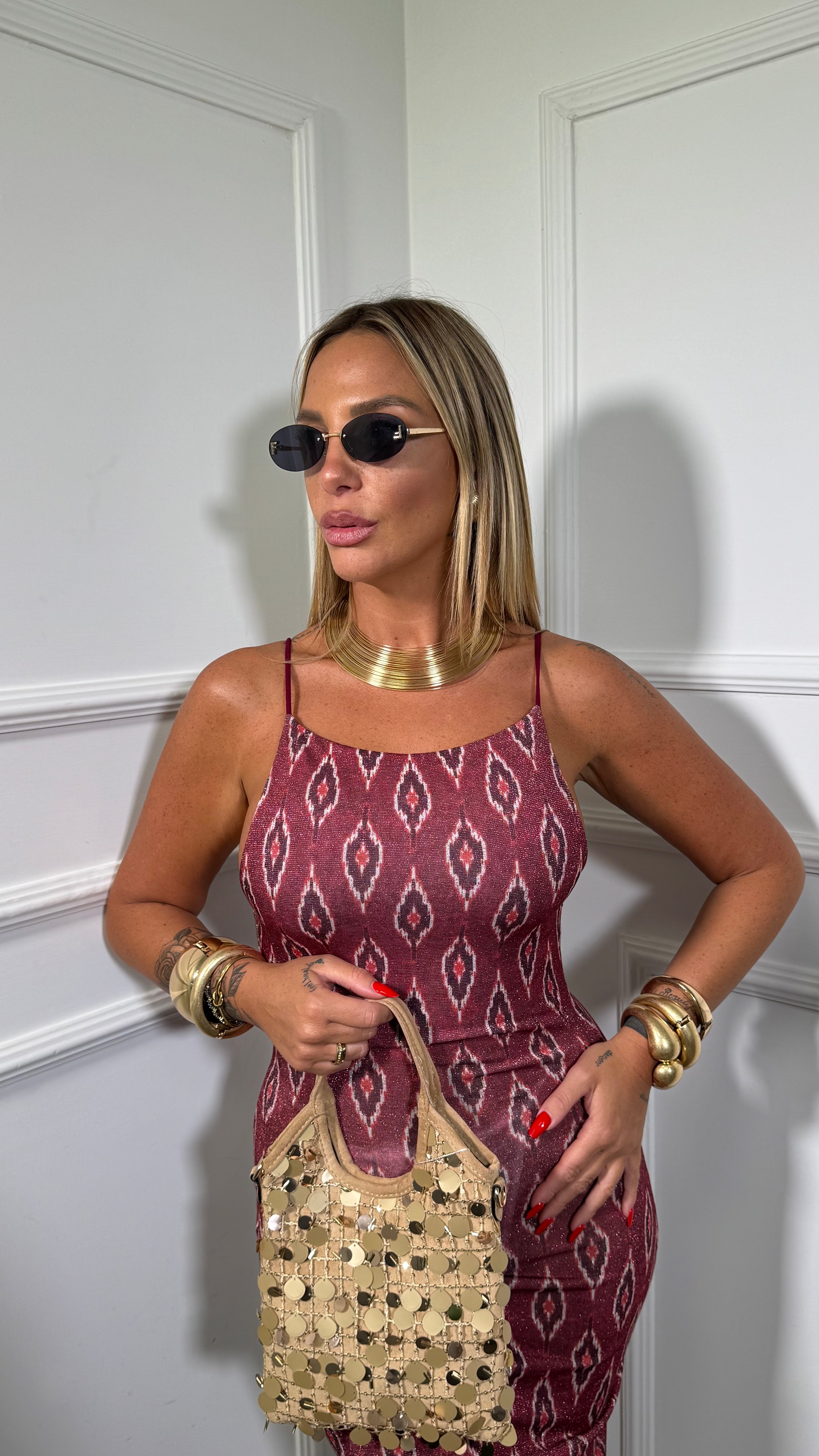 Abito midi in lurex Rombi fondo bordeaux