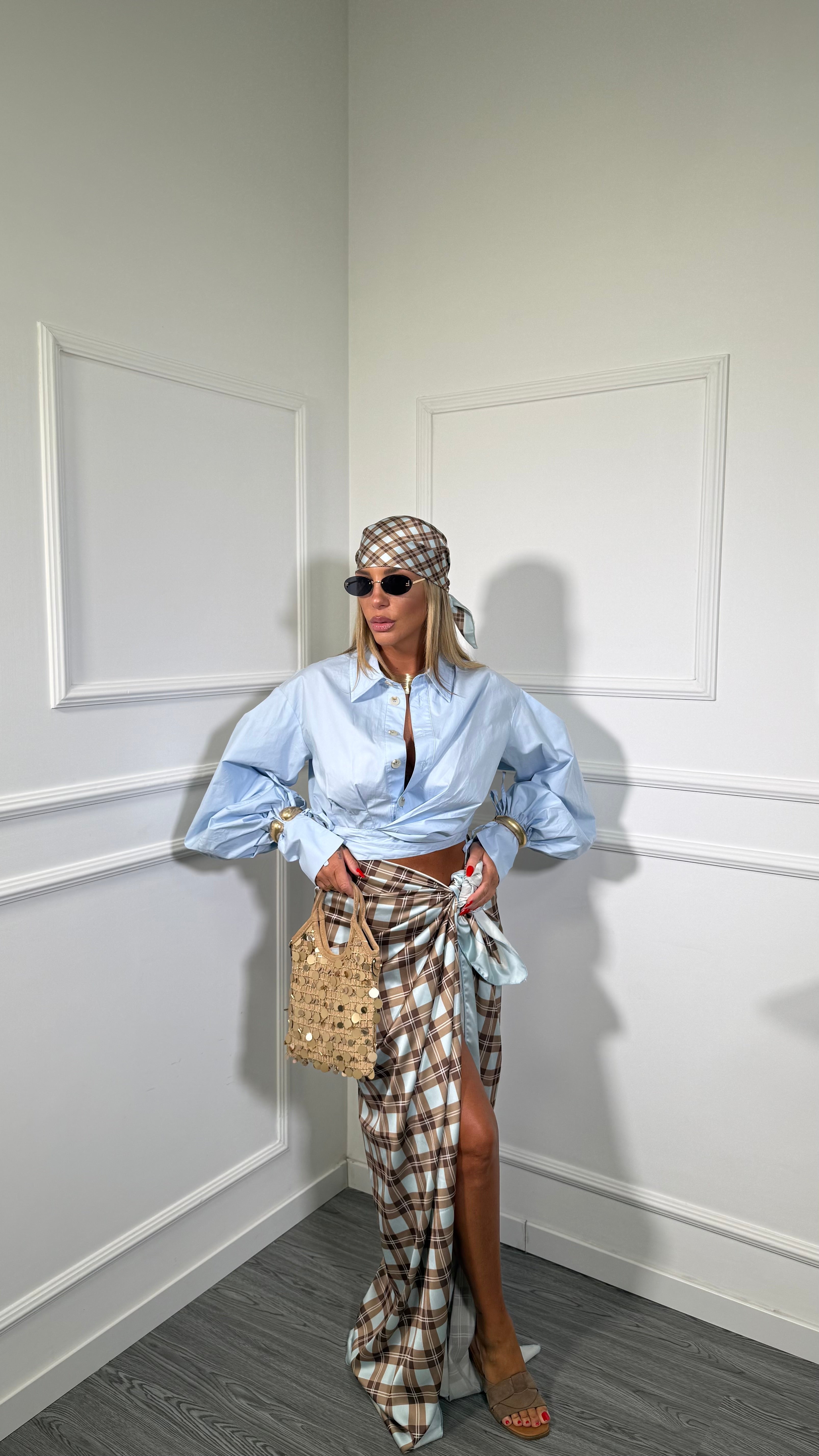 Pareo in satin + bandana a quadri azzurro/marrone