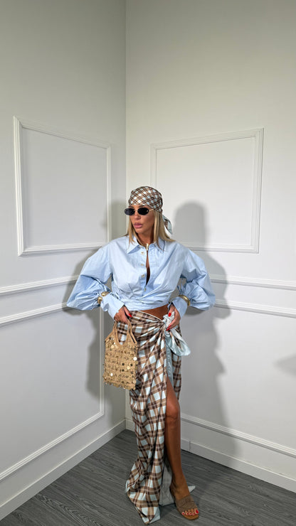 Pareo in satin + bandana a quadri azzurro/marrone