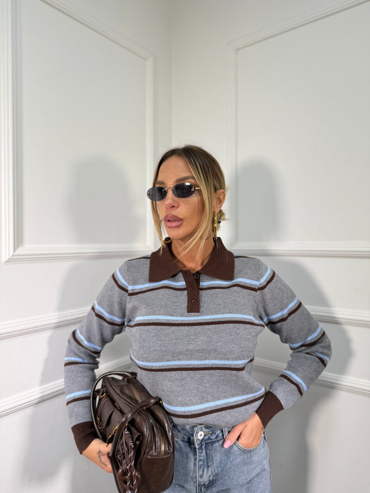 Polo a righe lana rasata Cotton grigia/cacao 1319