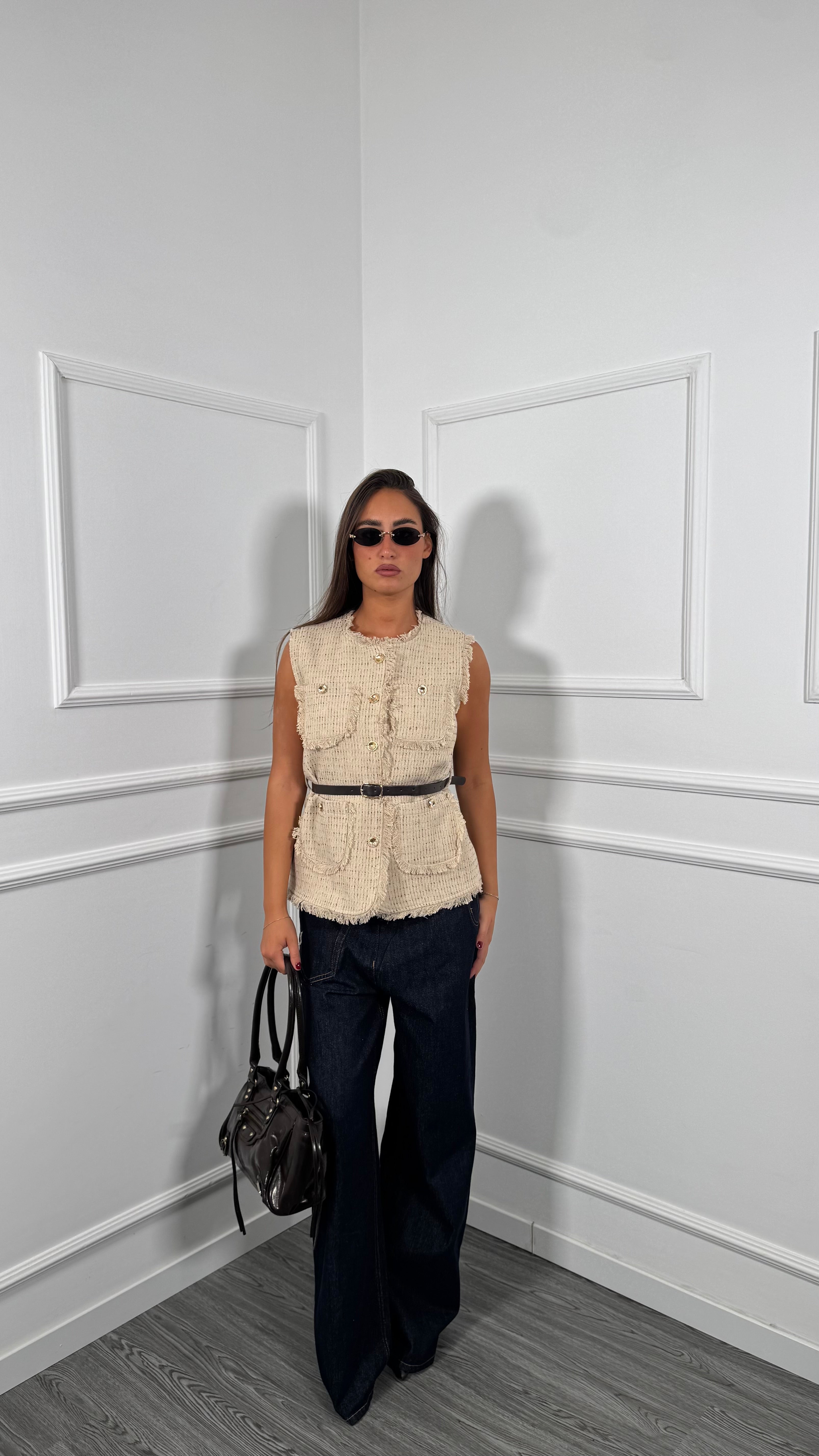 Gilet in tweed con cinturino Cocó beige hs80164