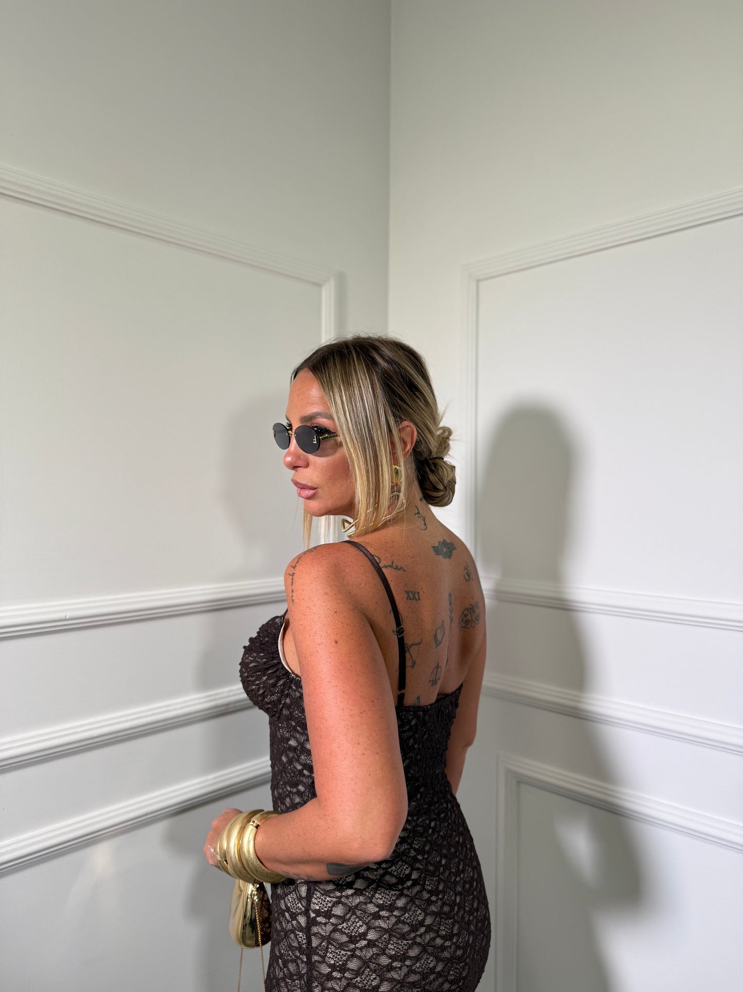 Abito midi in pizzo Roxana cioccolato 6288