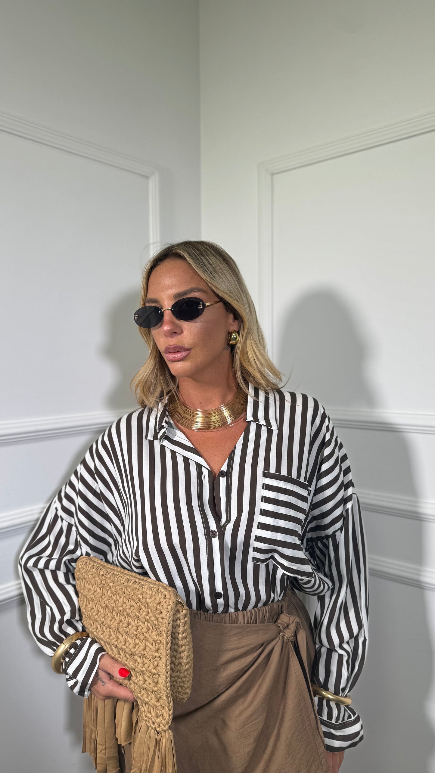 Camicia oversize curvy a righe Locker marrone/bianco
