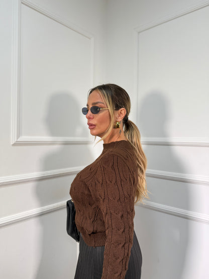 Pullover mezzo collo con trecce cioccolato 022459