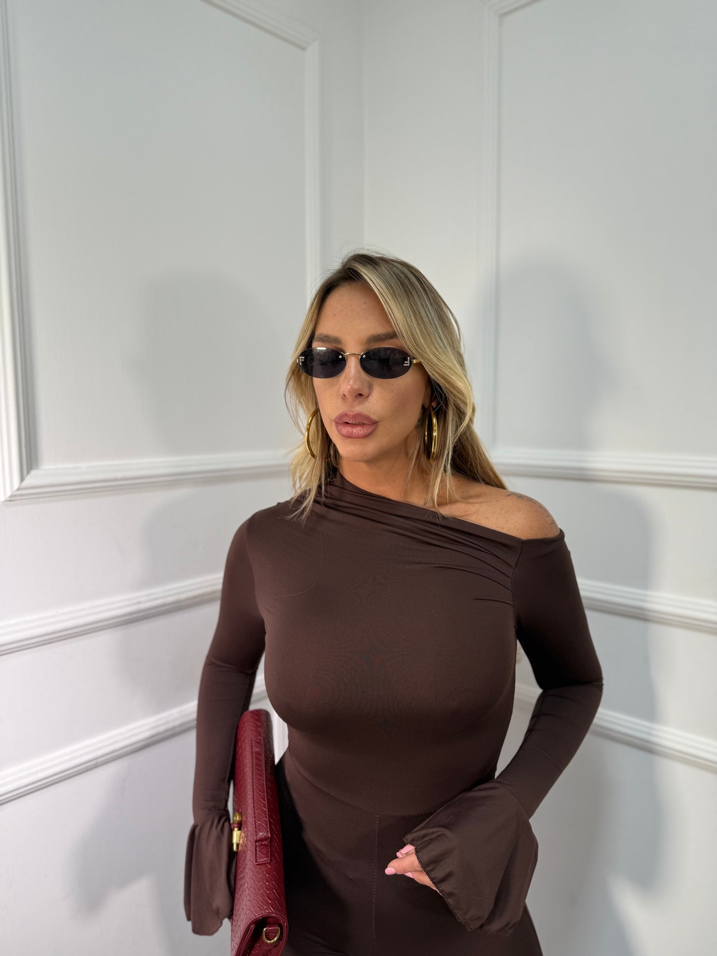 Jumpsuit in lycra scollo asimmetrico cioccolato 14375