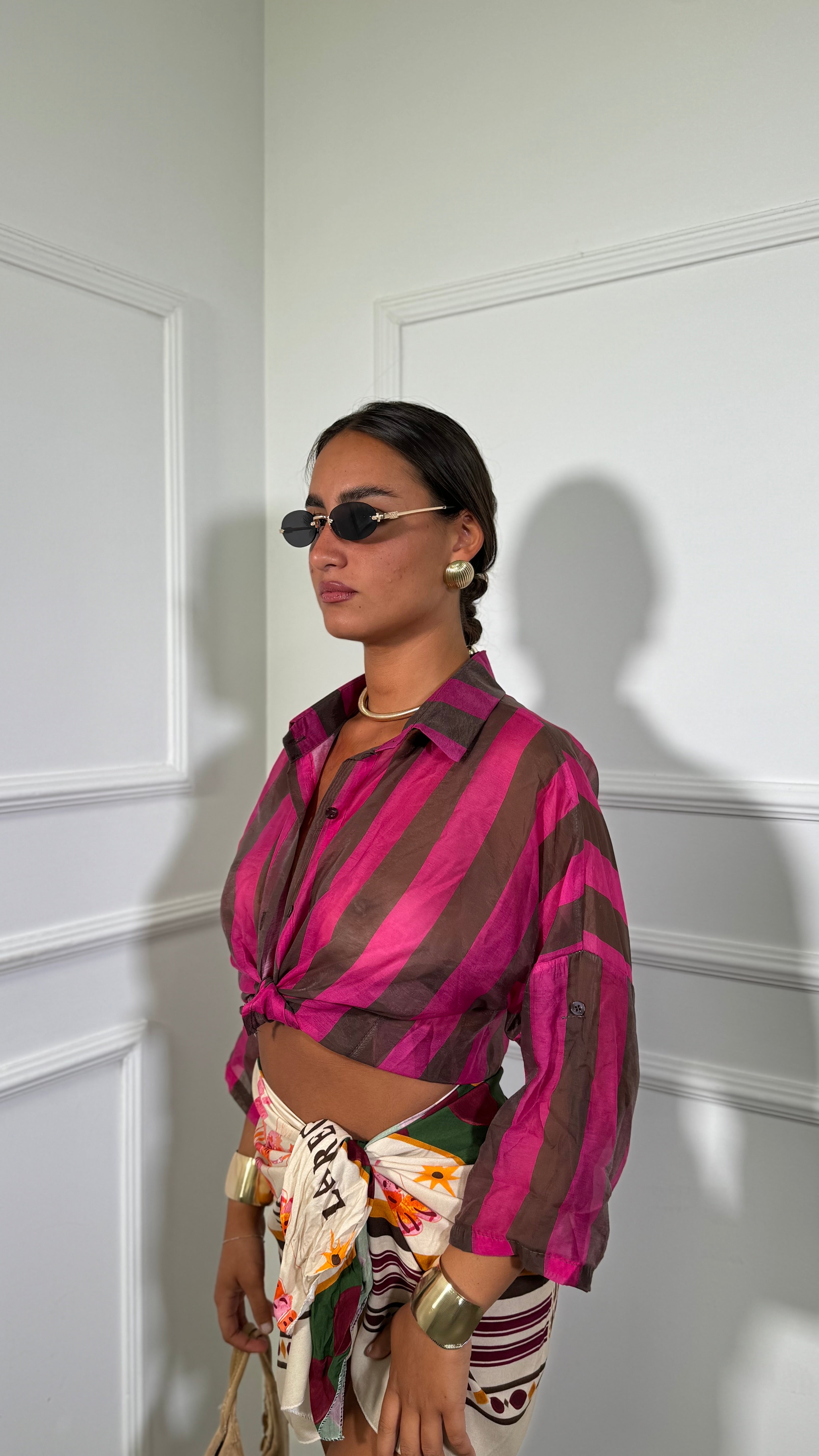 Camicia con colletto semi velata a righe Astrid marrone/magenta in728712