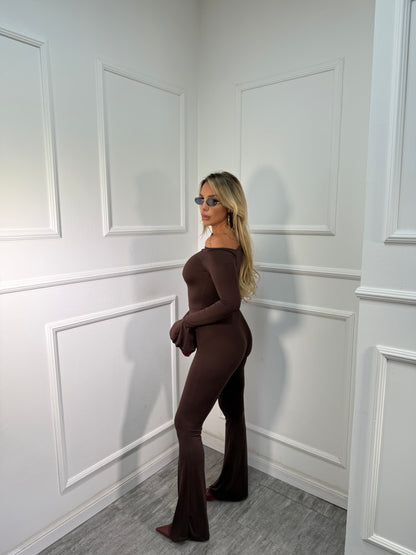 Jumpsuit in lycra scollo asimmetrico cioccolato 14375