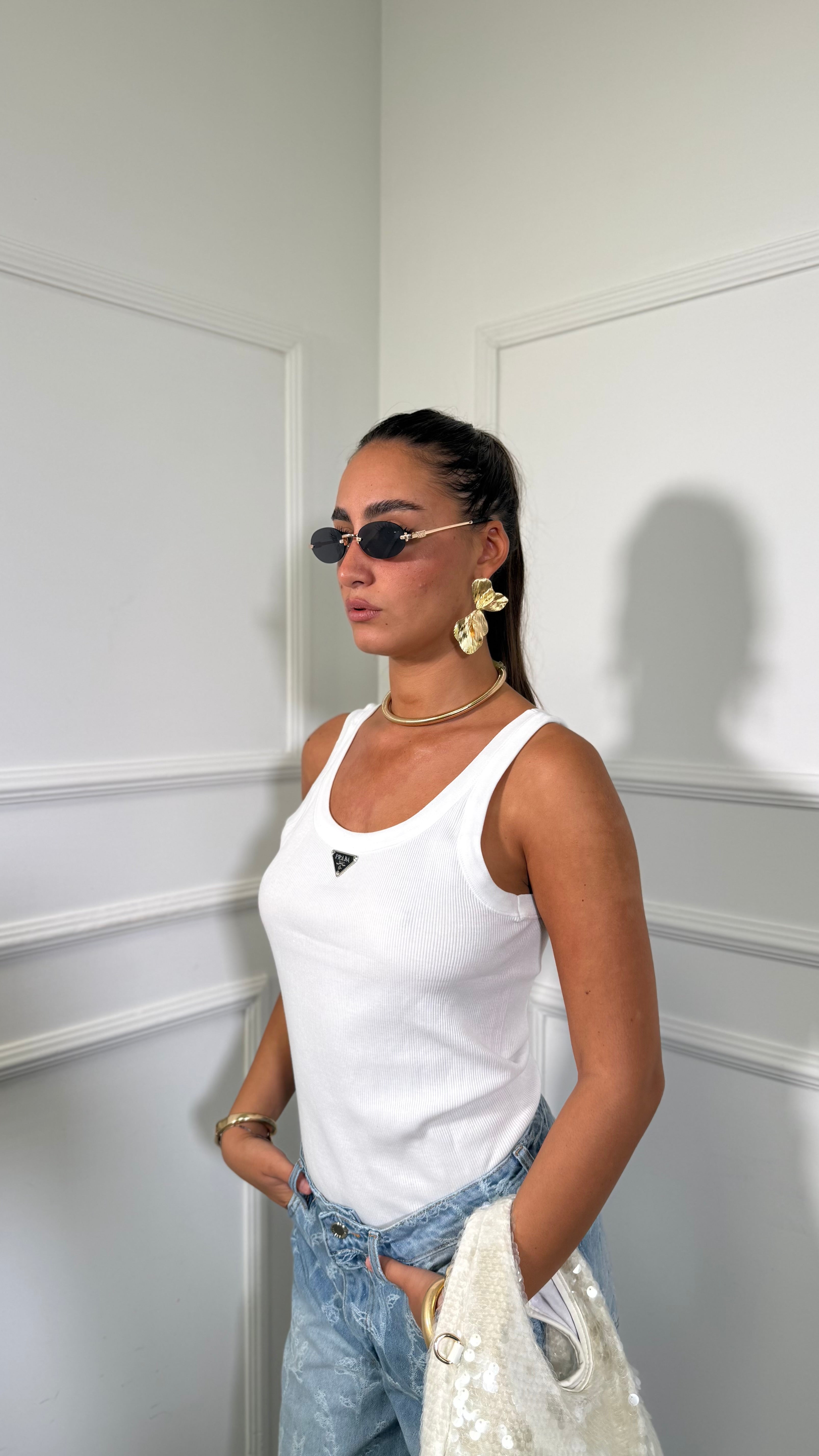 Canotta a costine con logo bianca